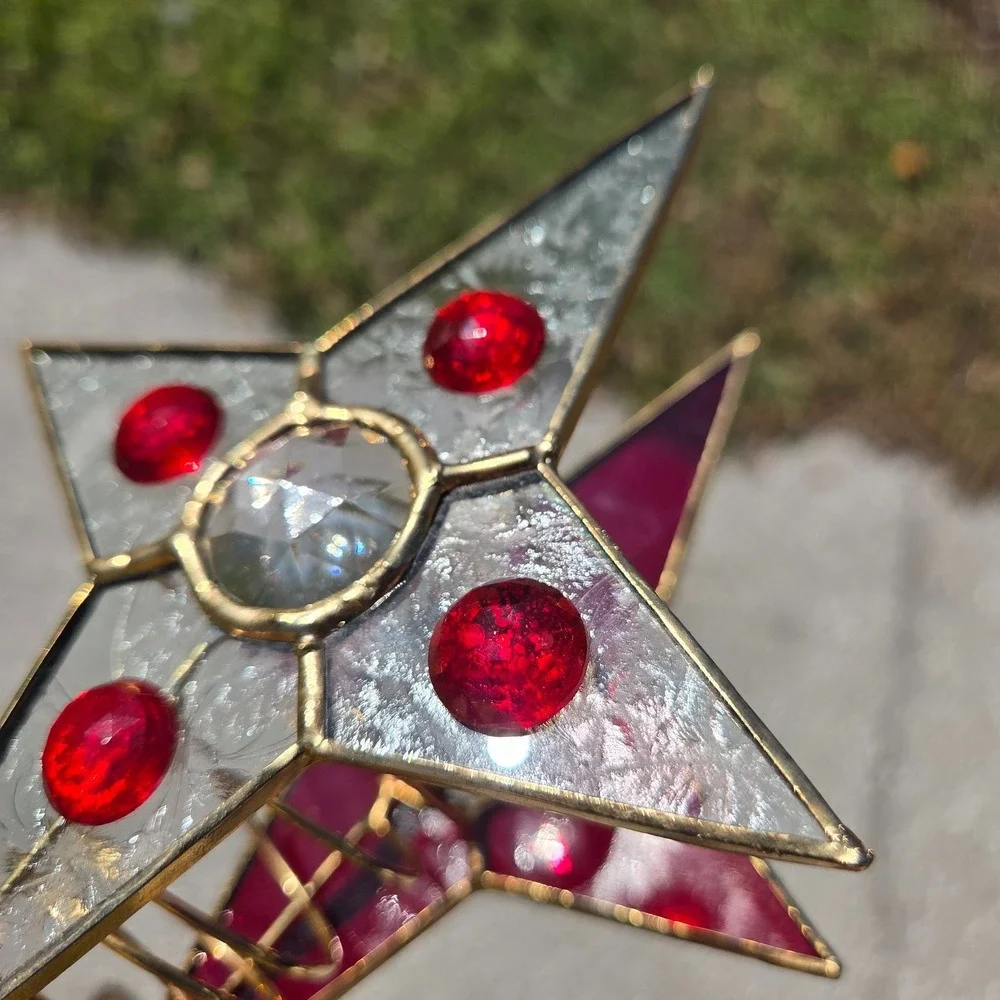 Vintage Tiffany Style‎ Stained Glass Christmas Tree Topper Lighted Red Gold